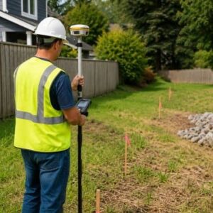 Licensed land surveyor using surveying equipment to locate and mark a residential property boundary