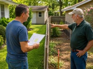 Two neighbors reviewing a property map near a backyard fence while discussing a property boundary concern