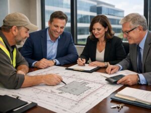 Commercial buyer, attorney, and land surveyor reviewing an ALTA survey before closing on an older commercial property.