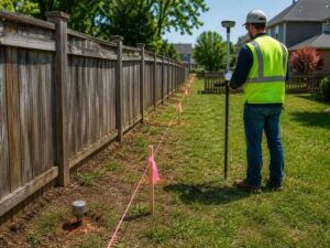 Property line survey showing the legal boundary marked with survey stakes and string line beside an old wooden fence that does not match the property line. 