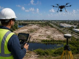 A drone operator in a hard hat and high-visibility vest uses a controller to fly a drone over a construction-site landscape with surveying equipment nearby.