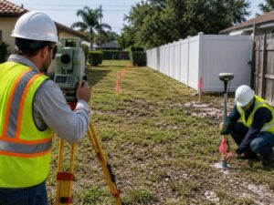 Land surveyors verifying residential property boundaries and marking lot lines before fence installation in Hialeah, Florida.