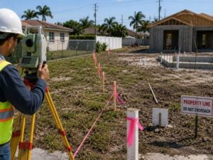 Land surveyor verifying property boundaries on a residential construction site in Hialeah, Florida, to prevent permit delays caused by outdated property lines.