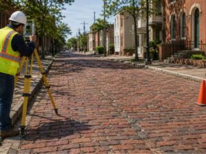 Topographic survey of an existing brick street with a surveyor measuring elevations in Hialeah Florida