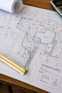 Topographic survey plan with building footprint, deck, and contour lines, with a ruler and rolled blueprints on a desk.