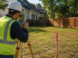 Land surveyor measuring a residential property boundary with survey equipment and marked property lines