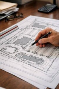 Engineer reviewing a commercial ALTA survey site plan showing parking layouts, access roads, and property details