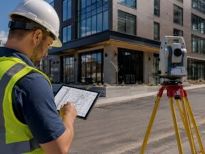 Commercial land surveyor reviewing site plans and surveying a commercial property using field equipment