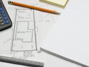 As-built property survey with measurements, ruler, calculator, and site plan details