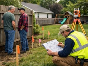 Land surveyor marking property boundaries near a fence to help prevent a lot line dispute