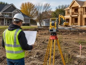 Surveyor reviewing property plans during a metes and bounds survey at a residential development site