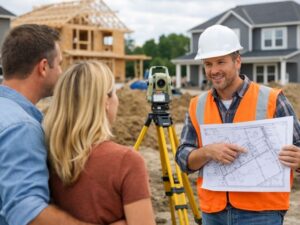 Residential surveyor reviewing property plans with homeowners before a home addition construction project