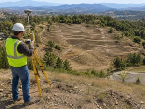Surveyor performing a topographic survey with GPS equipment on a large site showing elevation contours and graded terrain