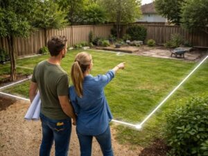 Homeowners reviewing a boundary line survey for a planned backyard addition and property line setbacks.