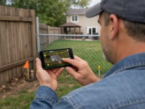 Boundary surveyor analyzing property line data and lot dimensions during a residential boundary survey