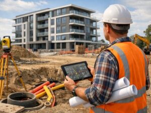 Construction surveyor using digital plans and survey equipment to verify building layout and prevent costly rework on a construction site