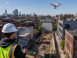 Drone surveying a tight urban construction lot to capture aerial mapping data for redevelopment and site planning.