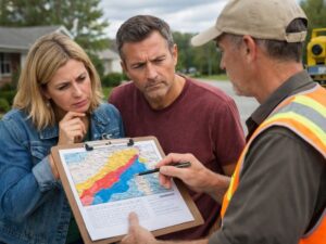 Licensed surveyor explaining flood zone information and elevation certificate details to homeowners outside a residential property.