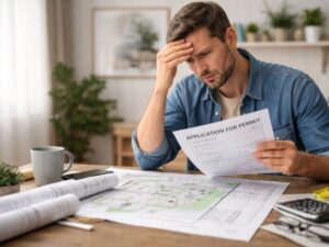 Homeowner reviewing permit paperwork and property plans after regretting hiring a surveyor based on price alone.