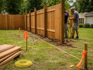 Property line markers and string lines used for residential fence installation in Hialeah.