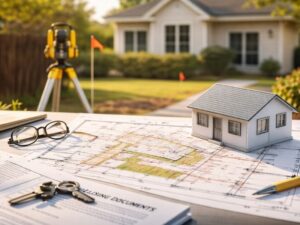 Land surveying documents and a model home illustrating a mortgage closing survey before a property purchase.
