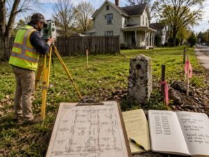 Surveyor in a high-visibility vest using a theodolite on a tripod in a residential yard, with blueprints and notes on the ground nearby.