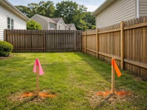 Survey stakes marking a backyard property line before fence installation between neighboring residential properties.