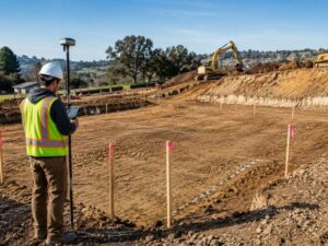 Land surveyor using GNSS equipment to map elevations on a graded construction site before concrete slab foundation installation.