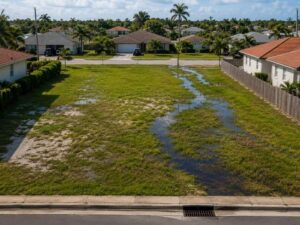 Empty vacant residential lot with patches of grass and standing water, bordered by sidewalks and houses in a sunny suburban neighborhood.