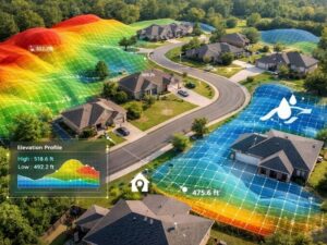Two similar homes with different lot elevations and grading conditions affecting elevation certificate results