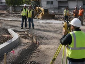 Surveyors verifying construction stakes beside a misaligned concrete curb to prevent site rework in Hialeah, Florida.