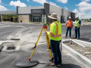 Land surveyor documenting completed pavement, curbs, drainage structures, and utilities for an as-built survey at a commercial site in Hialeah, Florida.