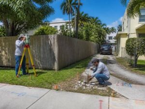 Two land surveyors checking a property monument beside an old fence and driveway during a boundary dispute in Hialeah, Florida.