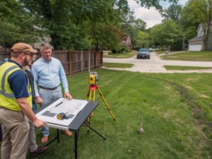 Surveyor reviewing an easement survey with homeowners before residential property development in Hialeah, identifying utility, drainage, and property easement restrictions.