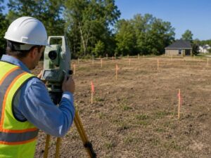 Land surveyor using surveying equipment to mark proposed subdivision lot boundaries on a development site in Hialeah, Florida.