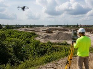 Land surveyor using a total station while a drone maps an active development site in Hialeah, Florida.
