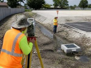 Land surveyors measuring drainage elevations near a swale and catch basin on a development site in Hialeah, Florida.