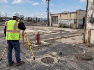 Commercial property surveyor mapping a former maintenance yard for redevelopment in Hialeah Florida