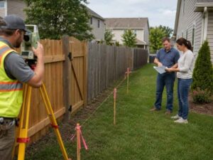 Surveyor checking a fence that does not match the property line in Hialeah, Florida.