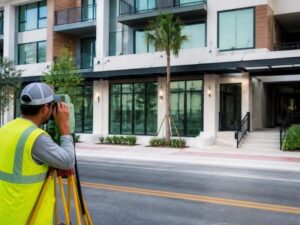 Land surveyor measuring elevations outside a mixed residential and retail building in Hialeah, Florida.