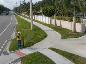 Land surveyor mapping a shared-use path at a driveway and road crossing in Hialeah, Florida.